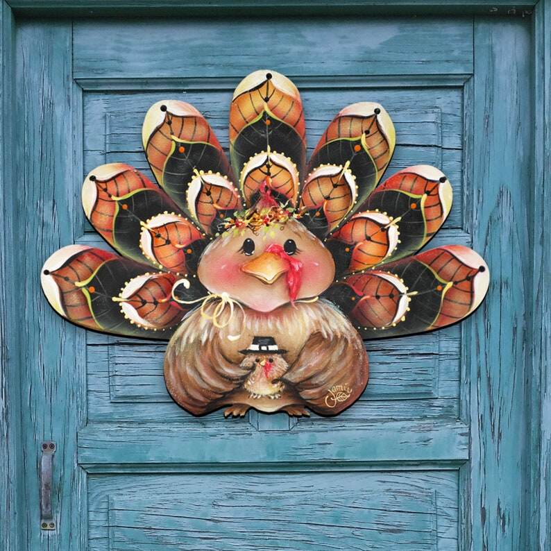 Decoração de Ação de Graças, Decorações de Ação de Graças de Outono, Cabide de porta de madeira com guirlanda de peru por Jamie Mills Price - Decoração de parede 8457702H