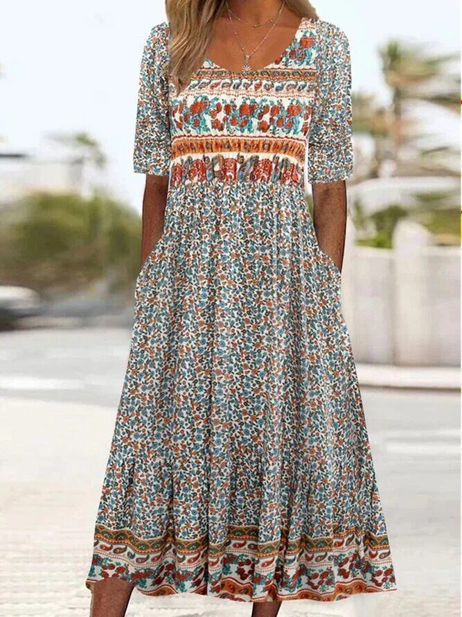 [S-5XL]vestido estampado boêmio