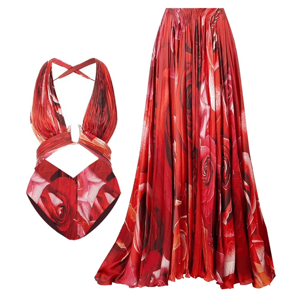 🤩 Tummy control swimsuit set in red with deep V-neck and floral pattern