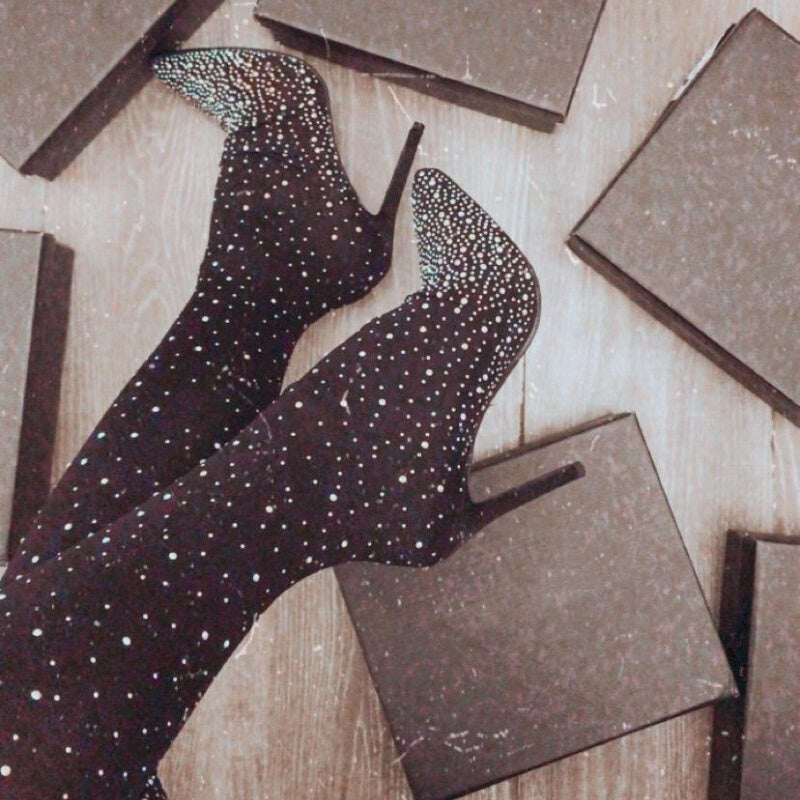 【✨Novos produtos 2025】👢Botas femininas com strass brilhantes sobre o joelho
