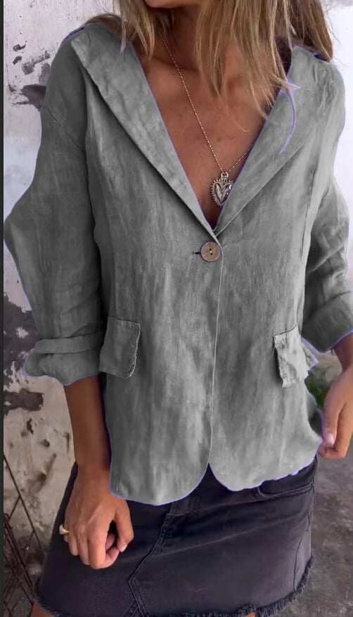 Casaco fino casual de algodão e linho com lapela e botão único