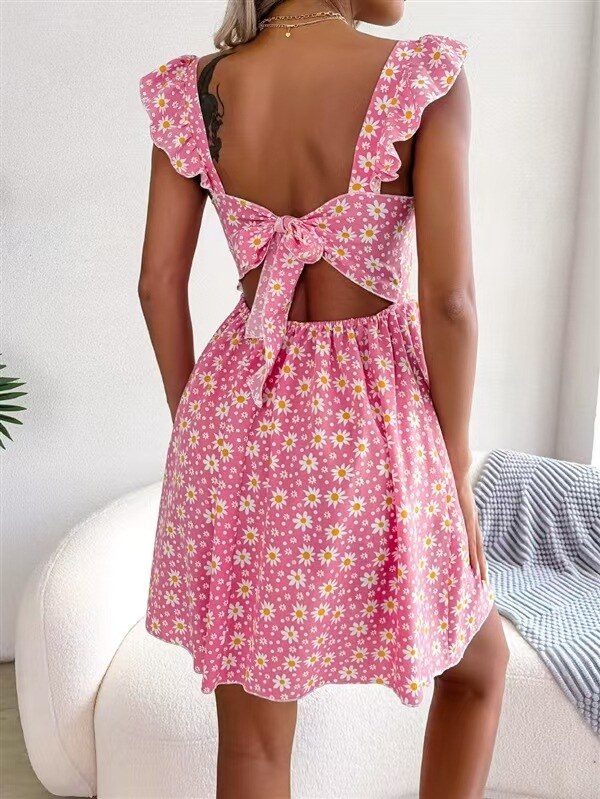 Vestido de primavera e verão com decote quadrado e babados nos ombros