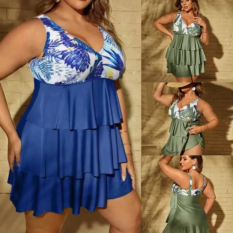 【L-4XL】 2023 letnie nowe bikini z nadrukiem Plus rozmiar spódnica bikini z falbanką