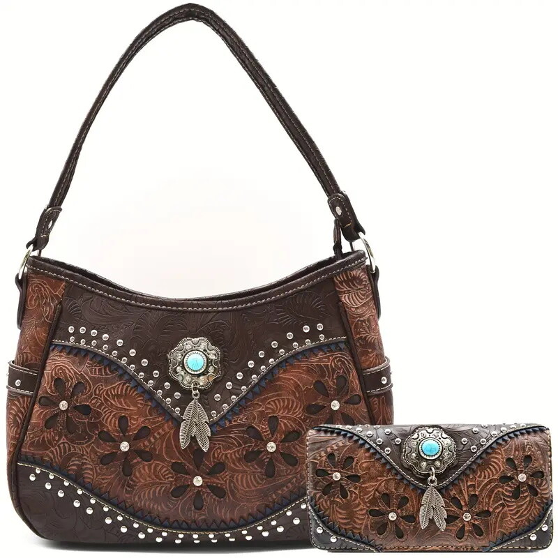 Country Western Handbag Women Shoulder Bag Trifold Wallet Set