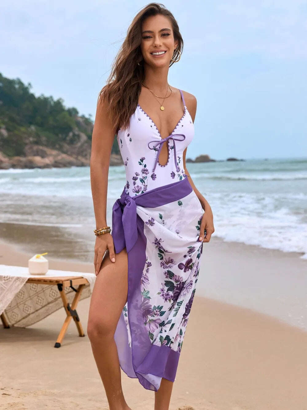 Printed Spaghetti Strap One-Piece Swimwear and Cover Up Swim Set
