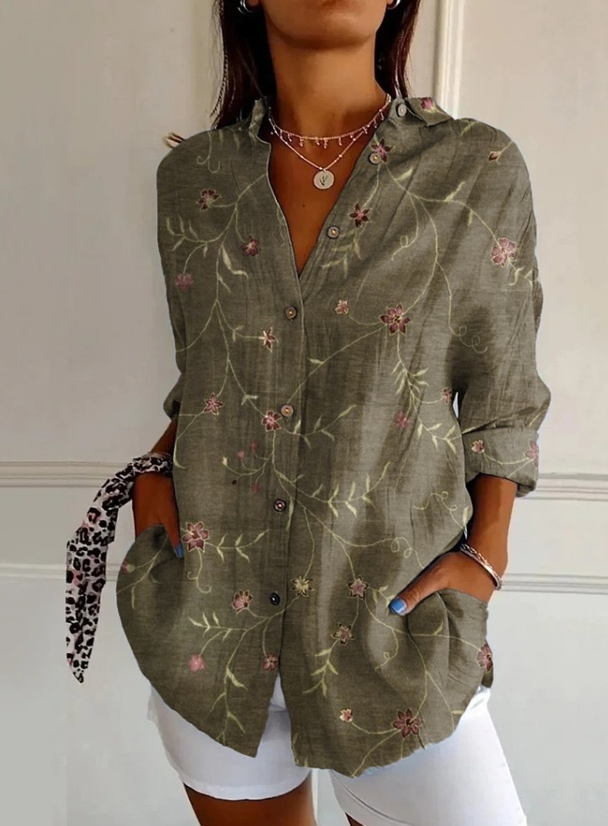 Camisa feminina vintage de algodão com estampa floral