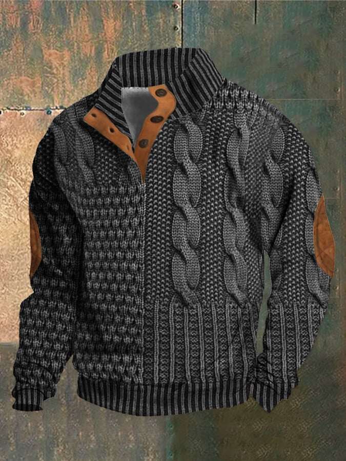 Moletom casual masculino com estampa retrô e botão de gola alta