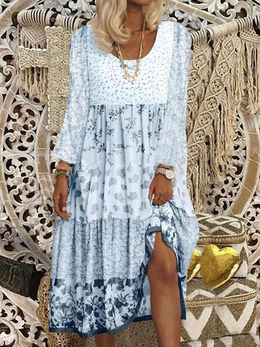 Neformální Vintage květinové mozaikové slavnostní šaty s dlouhým rukávem