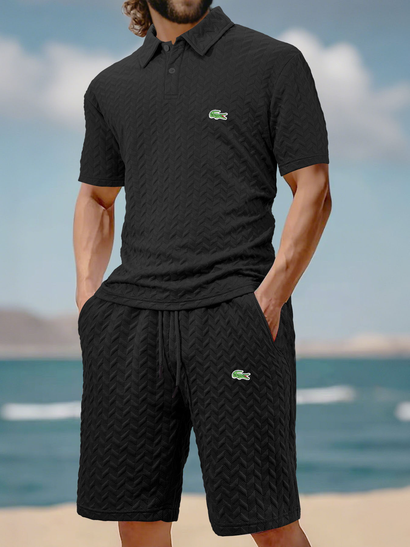 Lacoste Męski Premium Casual Business Sport Krótkie spodenki z krótkim rękawem Polo Garnitur