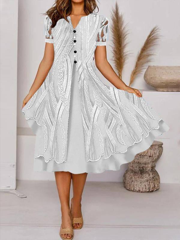 Ležérní retro potisk Midi šaty s knoflíkem do V a krátkým rukávem