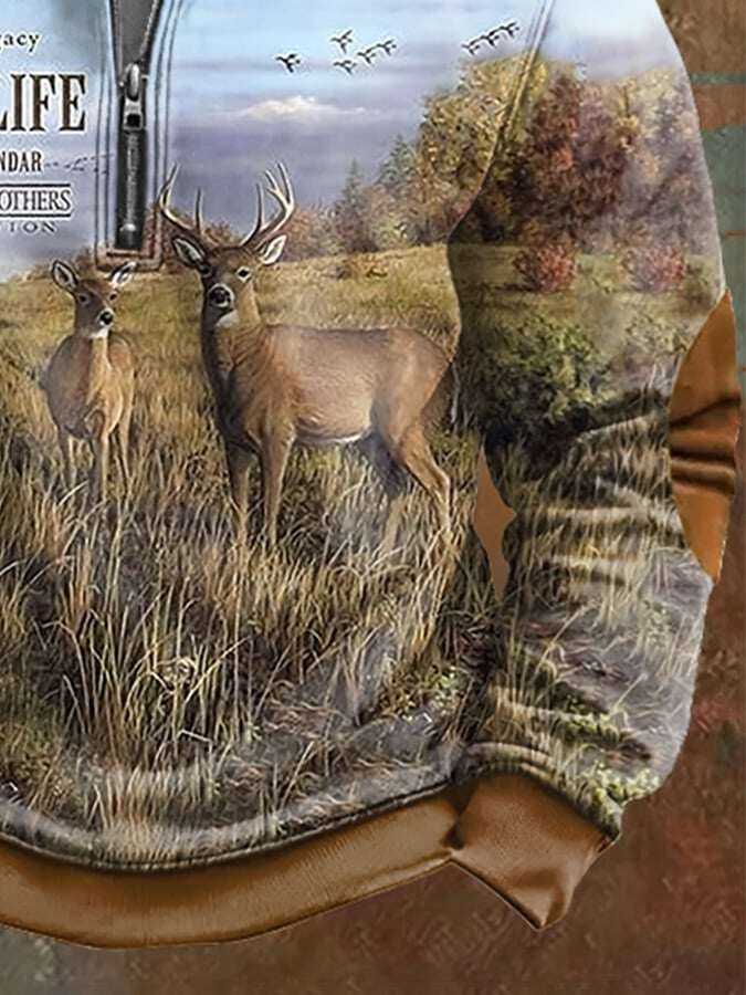 Moletom masculino vintage com estampa de caça ao veado ao ar livre e zíper