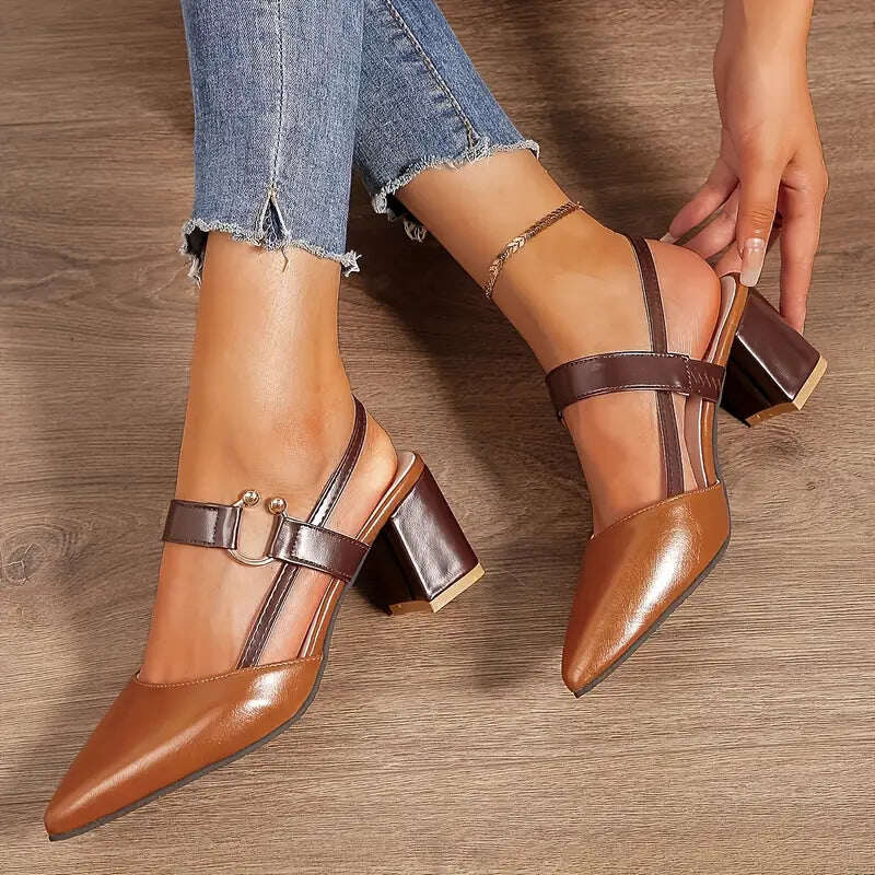 🔥 Dia 49% de desconto - Botas de salto alto estilosas e versáteis com salto grosso, bico fino, design confortável e costas abertas