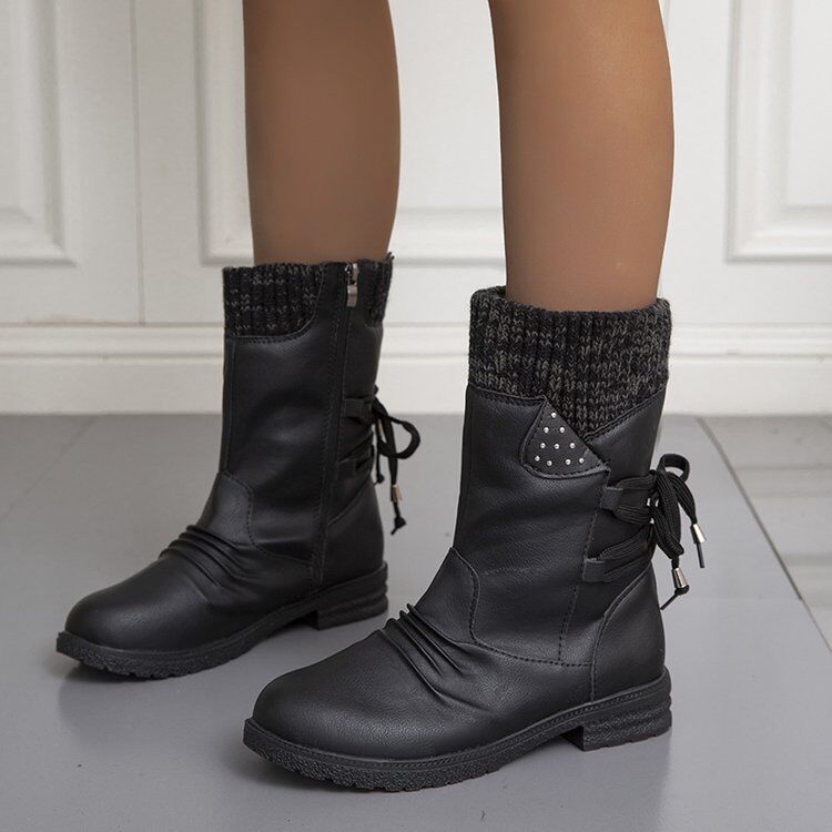 🔥51% DE DESCONTO AGORA - Botas de neve femininas de cano médio com punho de suéter, botas quentes de inverno