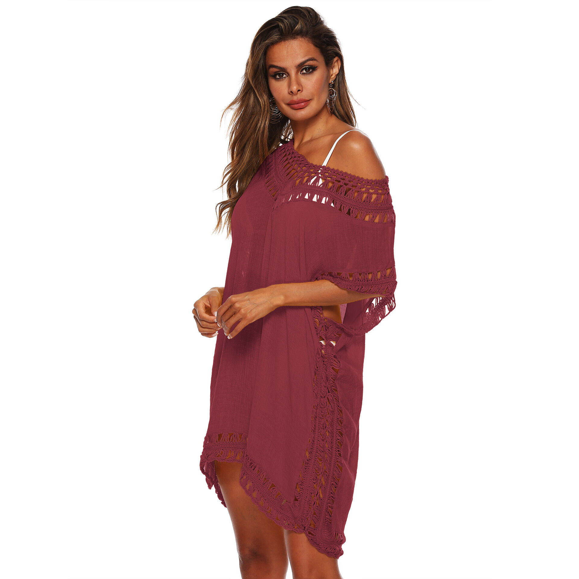 Sexy decote em V patchwork decote em V solto oco vestido de praia