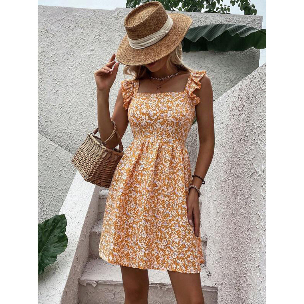 Vestido de primavera e verão com decote quadrado e babados nos ombros