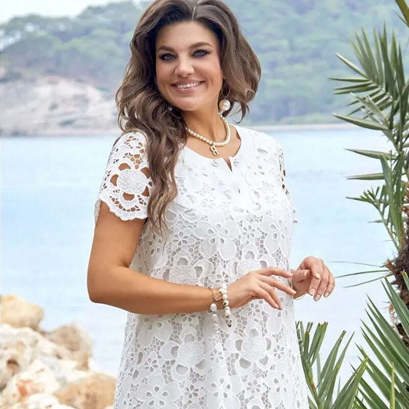 💃Елегантна издълбана флорална бяла рокля - Голям размер