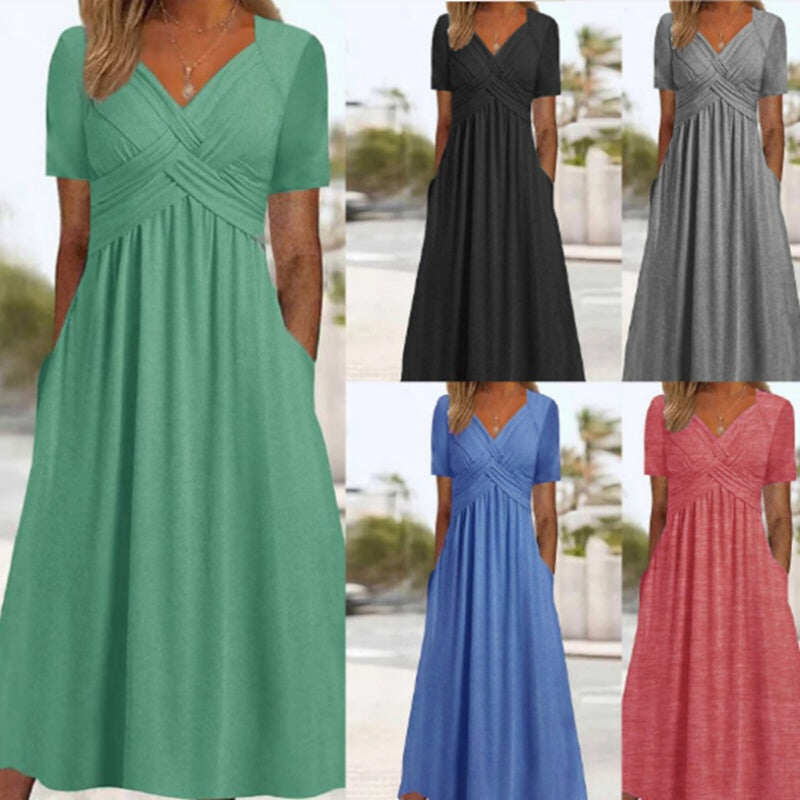 Vestidos de mulher de manga curta e decote em V