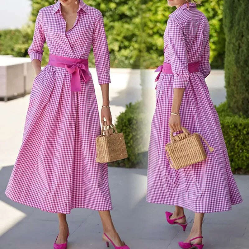 Мода 2022 кариран памук ленена рокля висока талия памук рокля с ревера