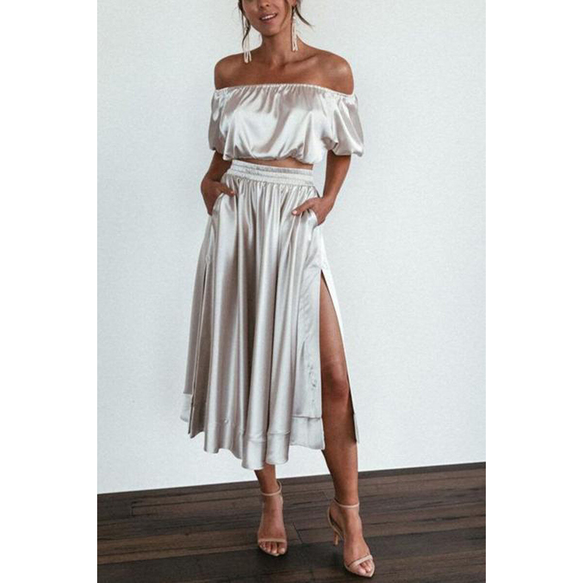 2023 New European and American Satin Off-shoulder Dress Set