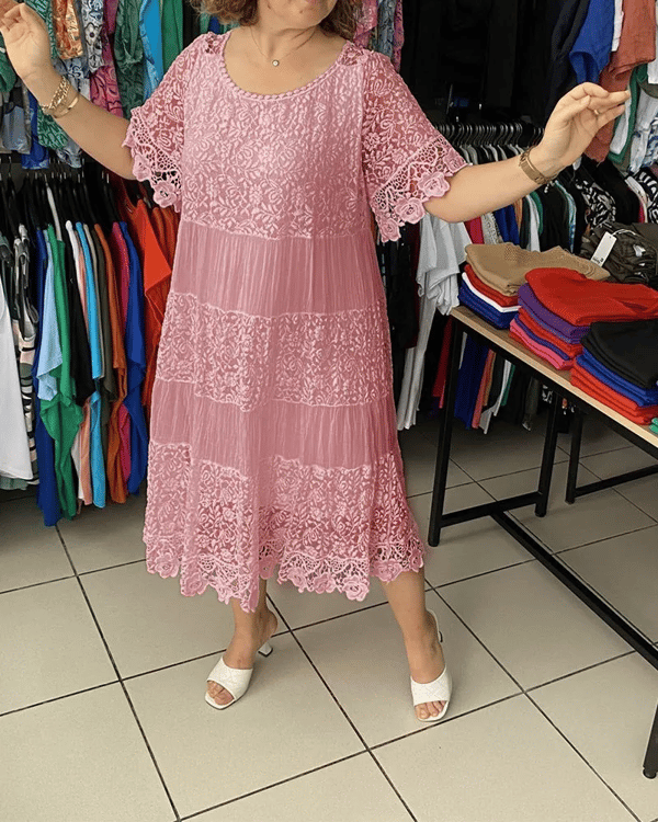 💝Vestido monocromático de renda de manga curta👗