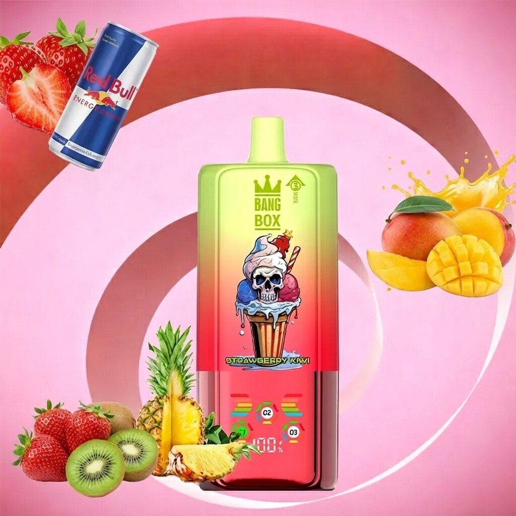 Epres kívi, savanyú mangó, ananász és epres Red Bull ízek BANGBOX 80.000 Puffs eldobható vape-hez, izgalmas íz kombináció