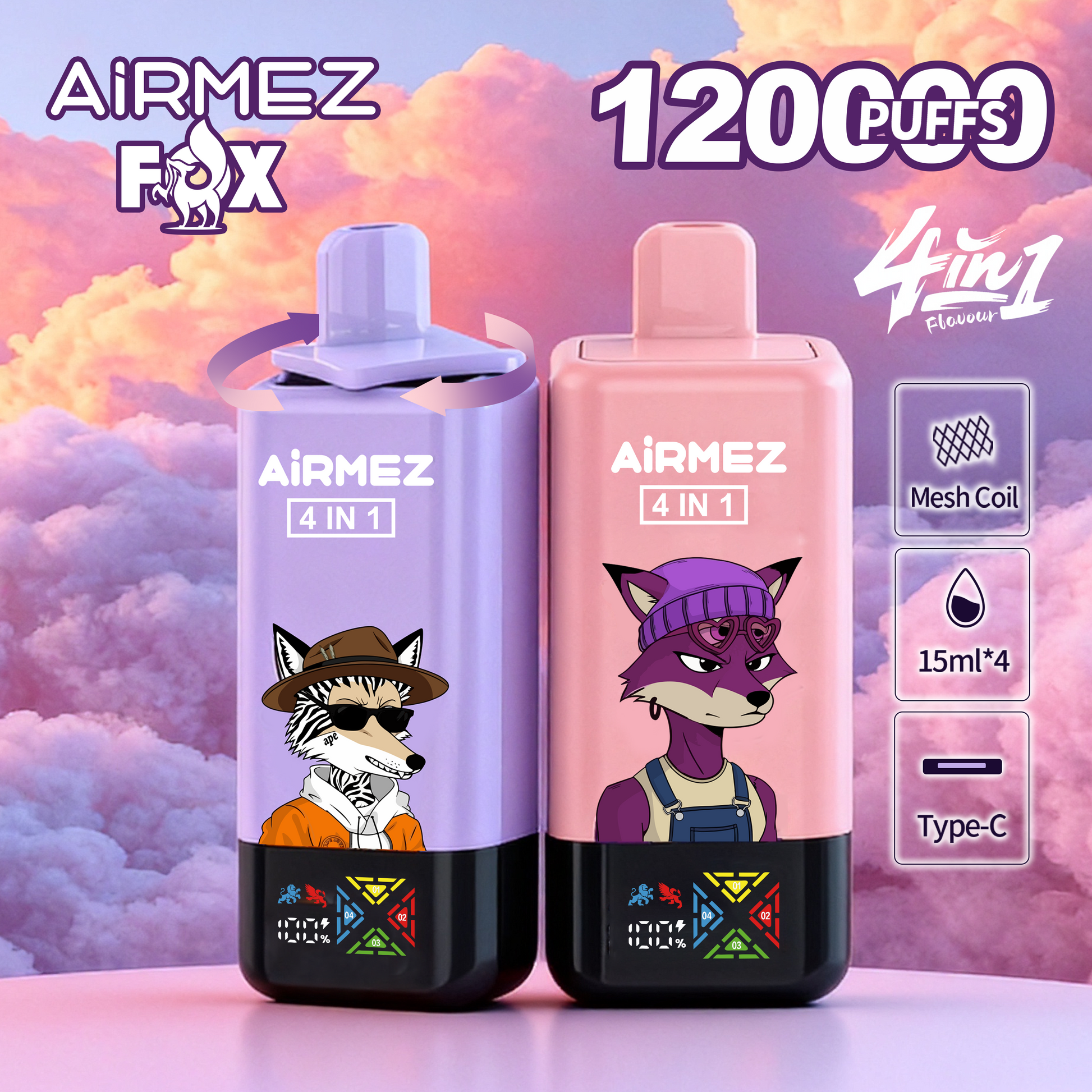 Airmez Fox 120k Puffs 4 w 1 Smaki Jednorazowy Vape z Wyświetlaczem LED