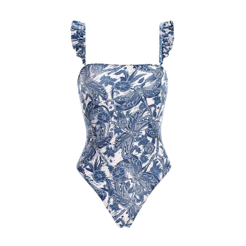 2025 New Blue Dragonfly Printed Swimsuit and Sarong