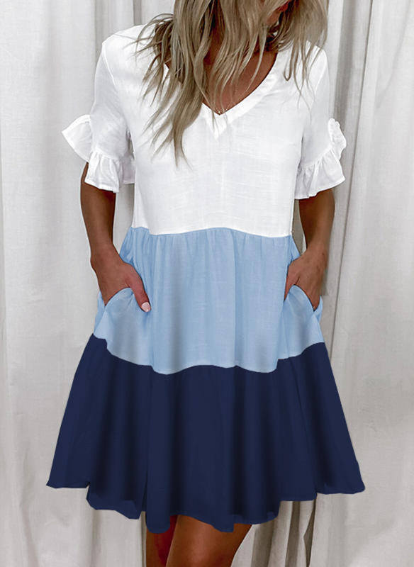 2024 moda primavera e verão vestido curto estampado com babados e bolso para mulheres
