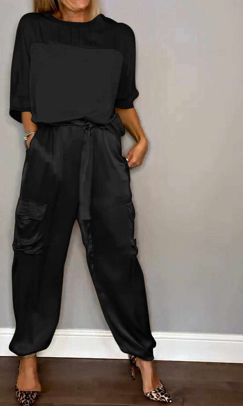 Conjunto feminino de duas peças com top meia manga e calça lisa de cetim