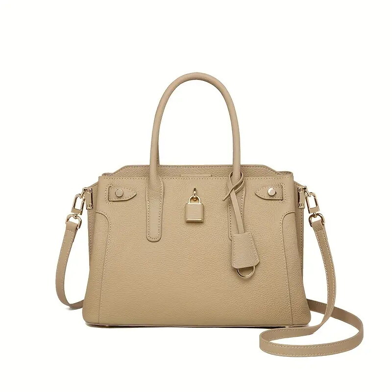 Chic Genuine Genuine Leather Handbag for Women - Spacious Retro Style Shoulder & Crossbody Purse with Adjustable Strap, Zip Closure, Beige/Black, Large Capacity, Polyester Lining, Elegant Design for Work or Daily Use, Versatile Handbag | Elegant Handbag |