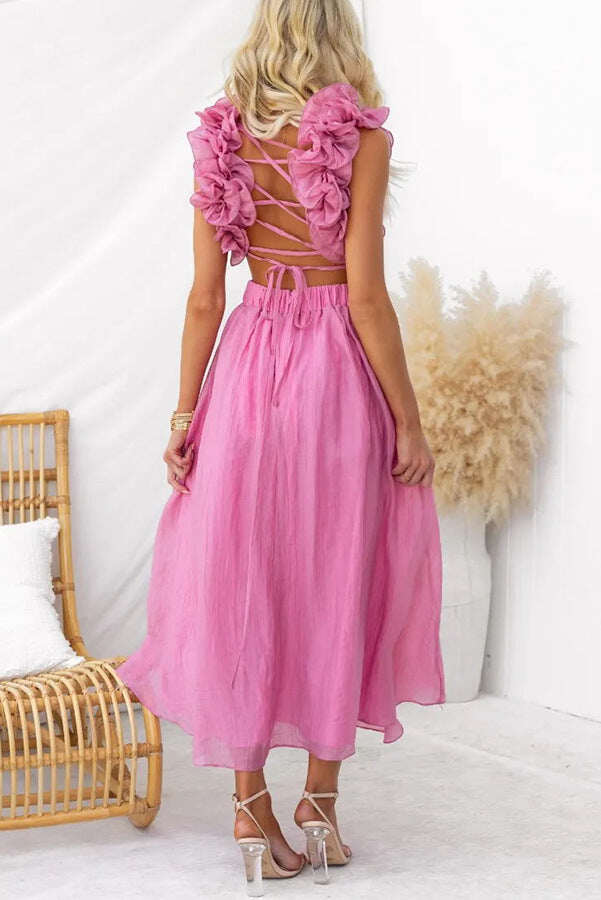 Vestido sexy sem costas em algodão e linho com alças ajustáveis