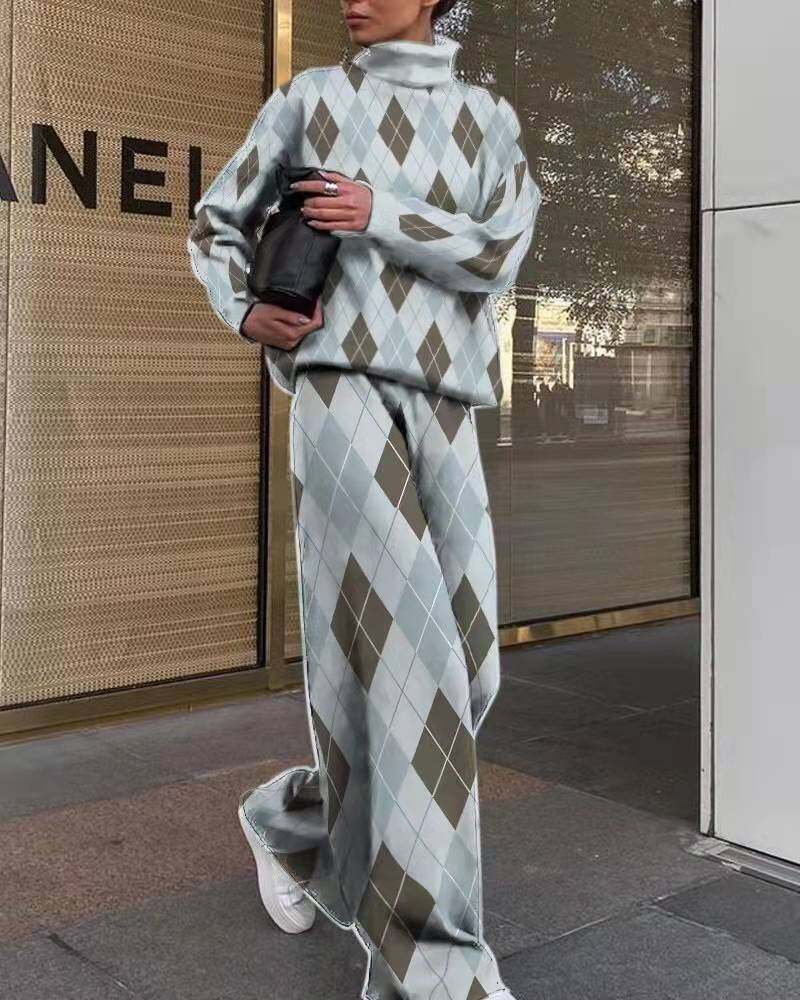 2023 roupas femininas europeias e americanas outono e inverno nova moda impressa solta calças de gola alta manga longa conjunto de duas peças