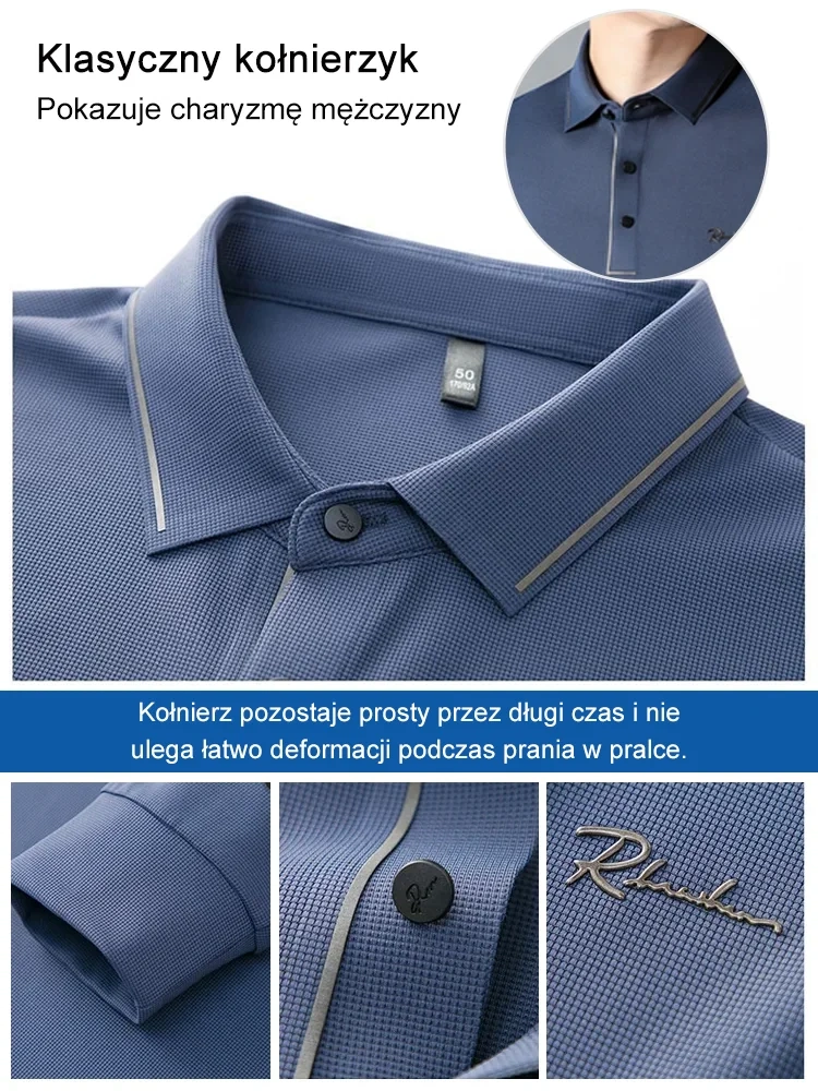 Nova camisa pólo empresarial e casual com mangas compridas e lapelas