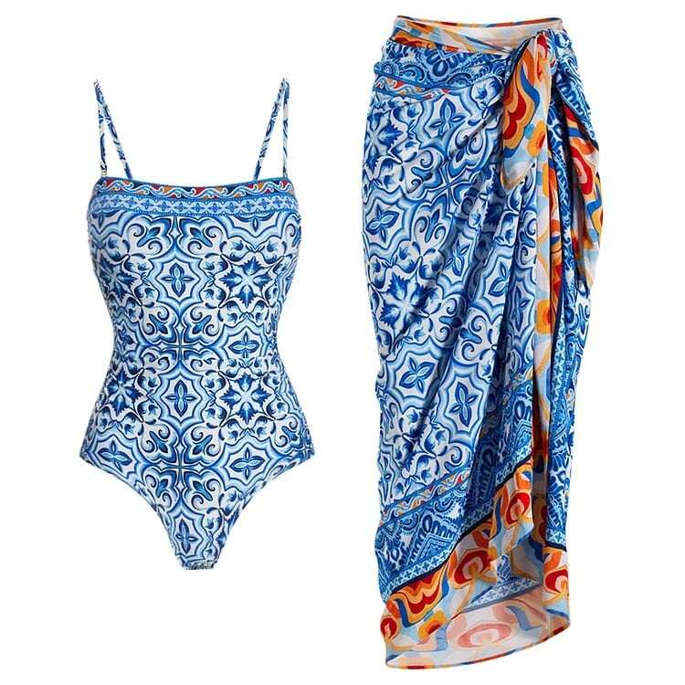 New Arrival - Blue And White Porcelain Print One Piece Swimsuit Set