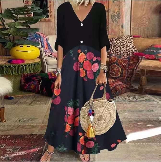 Primavera e verão novo estilo com decote em v manga curta impresso vestido longo abotoado saia casual