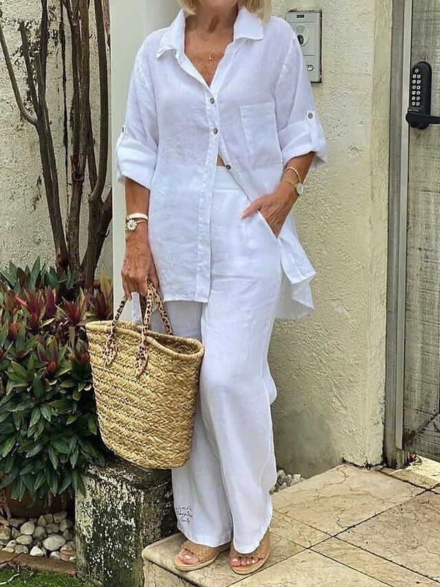 Camisa de lapela de cor sólida, top de algodão e linho e calças S-5XL