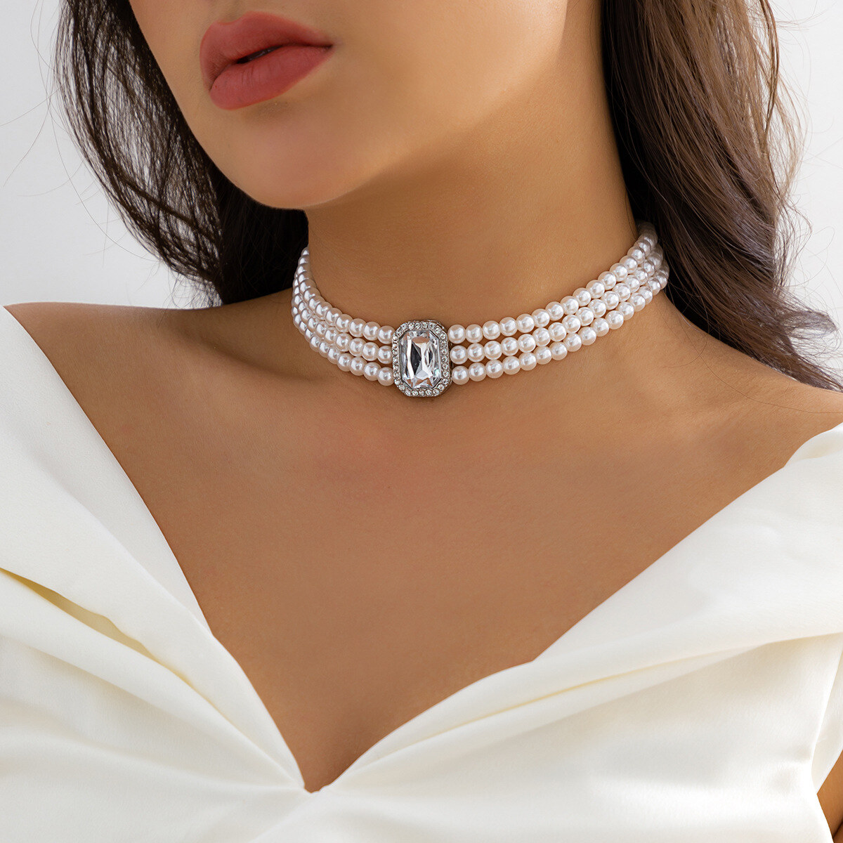 Colar de pérolas elegante francês em várias camadas, conjunto de colar de pedra de joias elegante e luxuoso