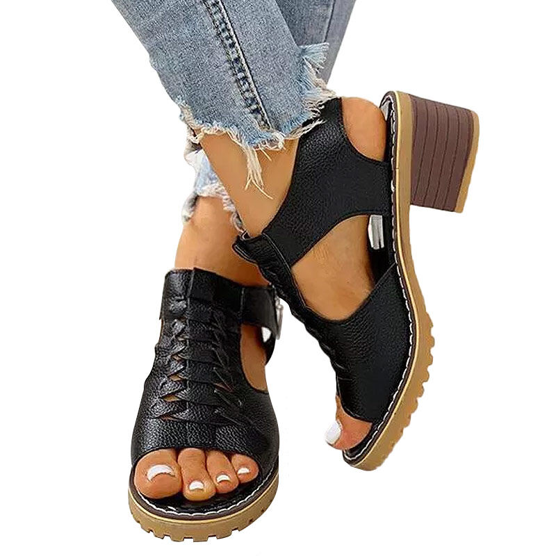 Sandália feminina peep toe recorte com zíper e salto grosso