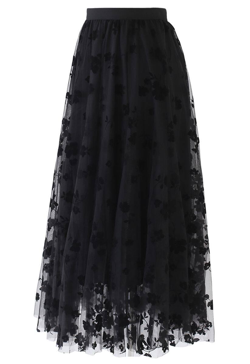 Top preto de malha com retalhos de malha sem ombros preto + conjunto de saia de comprimento médio de malha dupla camada 3D POSY