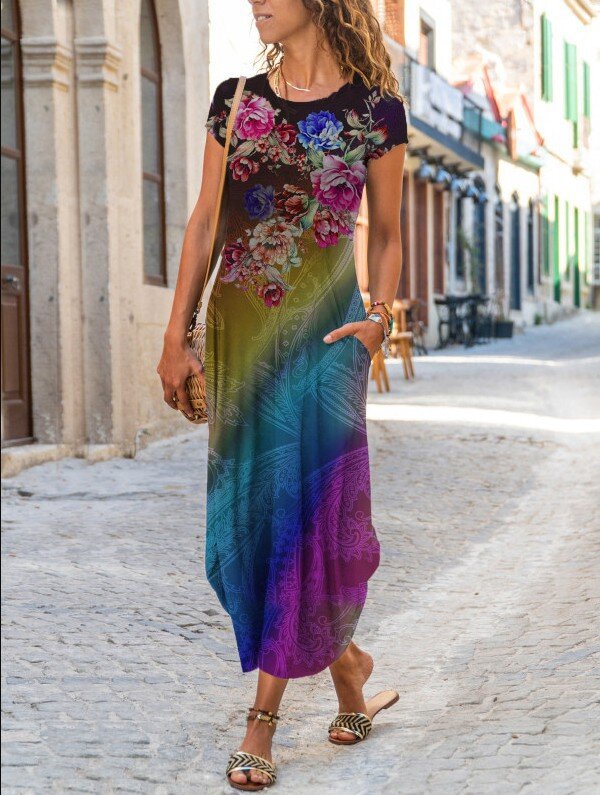 Primavera e verão novo estilo em torno do pescoço bolso manga curta vestido estampado na moda