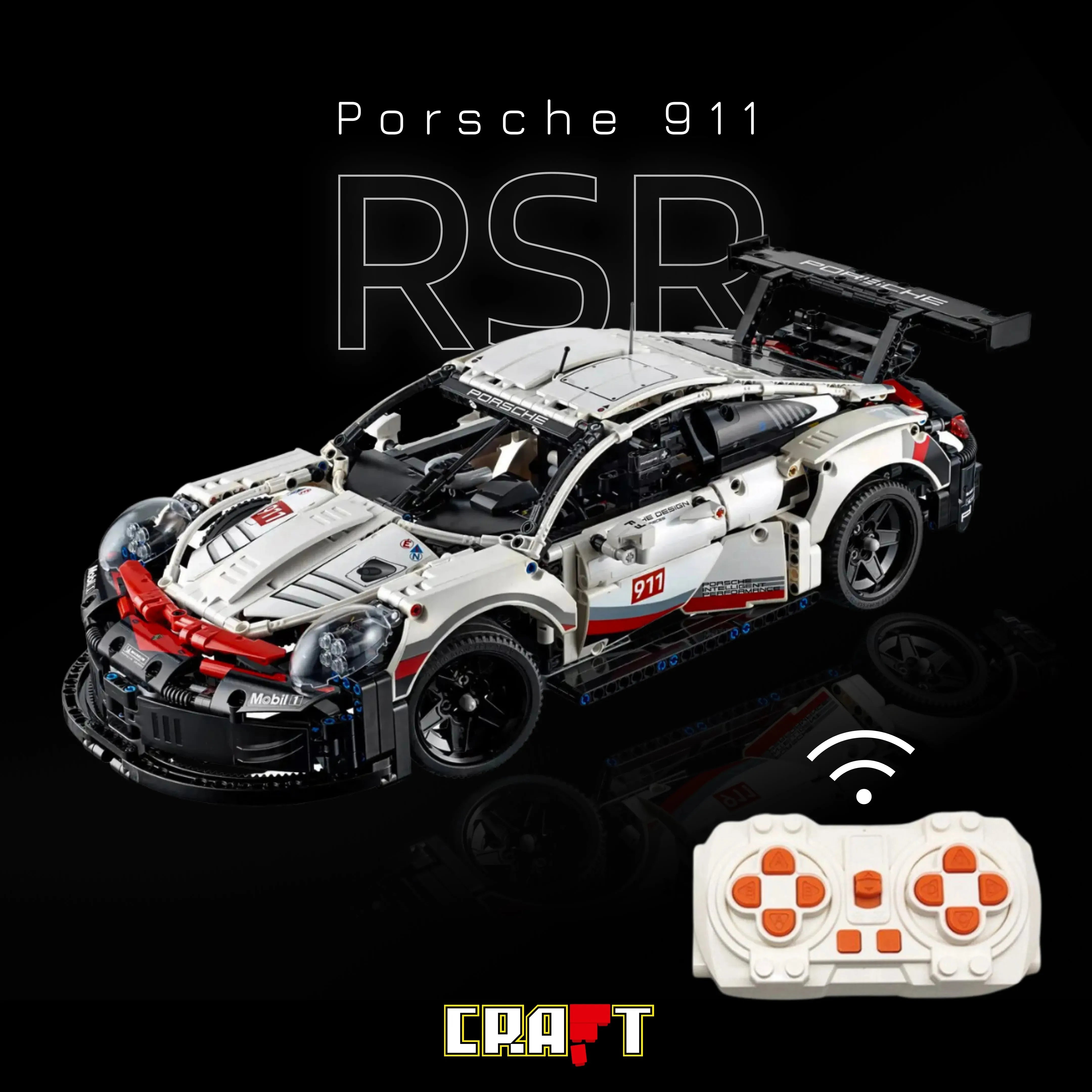 Porsche 911 RSR Lego branco (1580 peças) (1580 peças) com motor boxer de 6 cilindros e portas - Escala 1:10 - 1580 peças