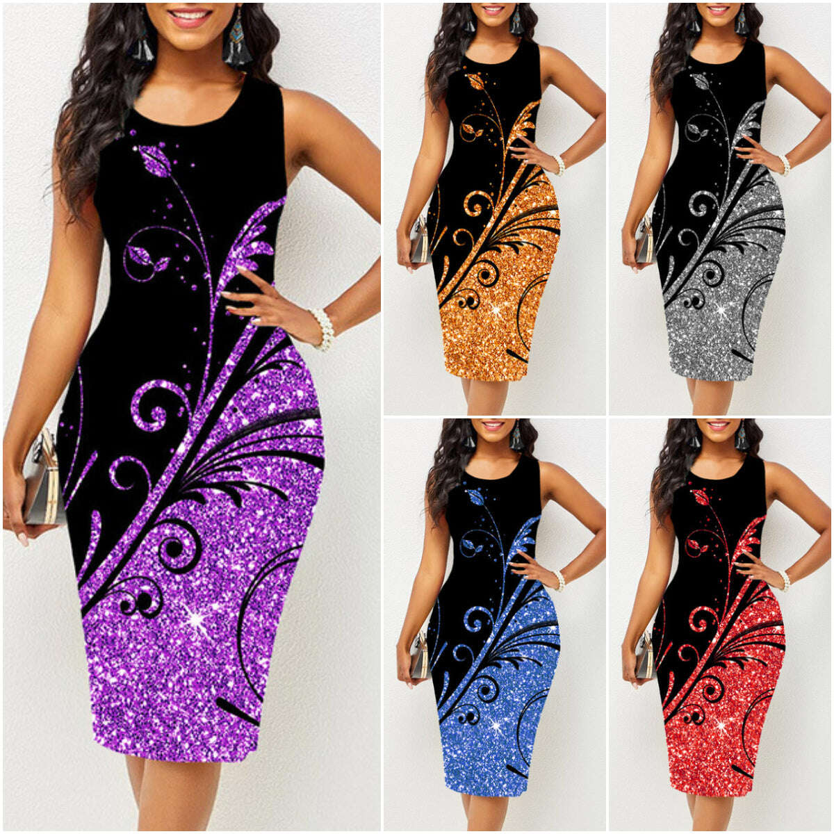 S~5XL-Vestido sem mangas multicolorido com decote redondo