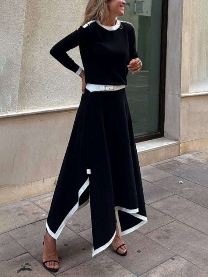 Elegante conjunto de duas peças em malha contrastante