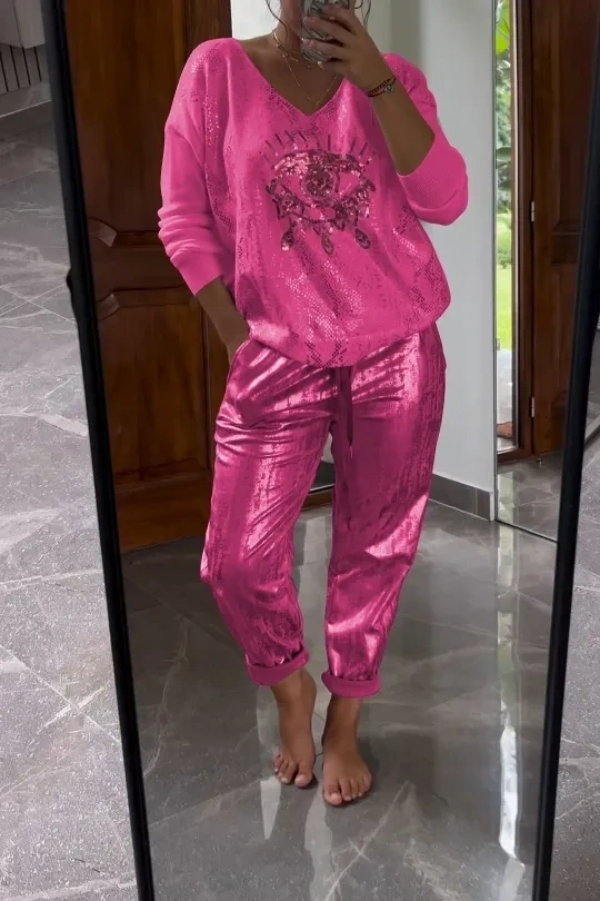 Two piece sequin set with bronze pants