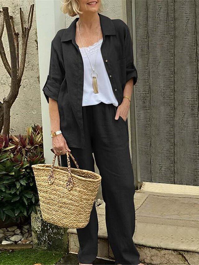 Camisa de lapela de cor sólida, top de algodão e linho e calças S-5XL