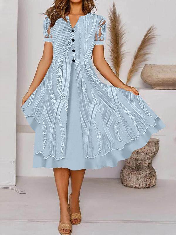 Botão casual com decote em V com decote em V com manga curta vestido midi