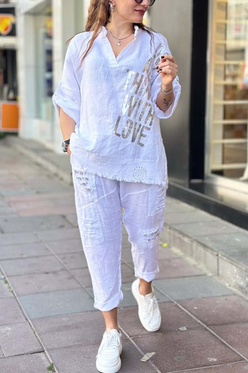 Conjunto blusa + calça dia feminino em algodão e linho
