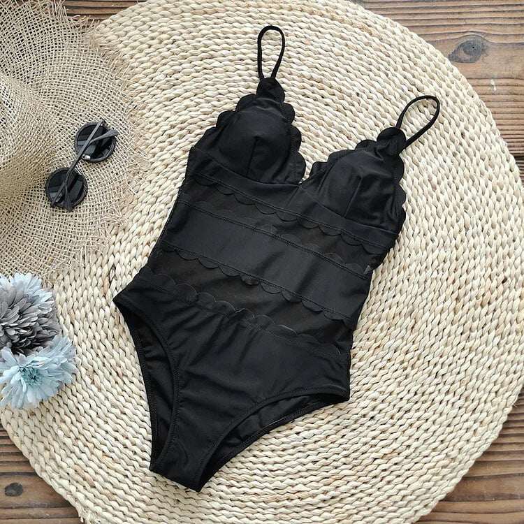 2025 New Mesh Splice Black One Piece Swimsuit Set