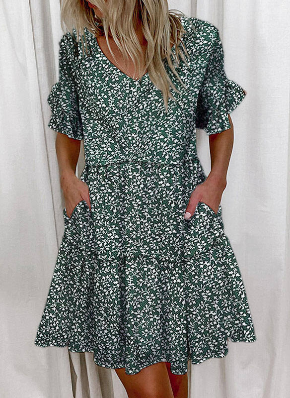 2024 moda primavera e verão vestido curto estampado com babados e bolso para mulheres