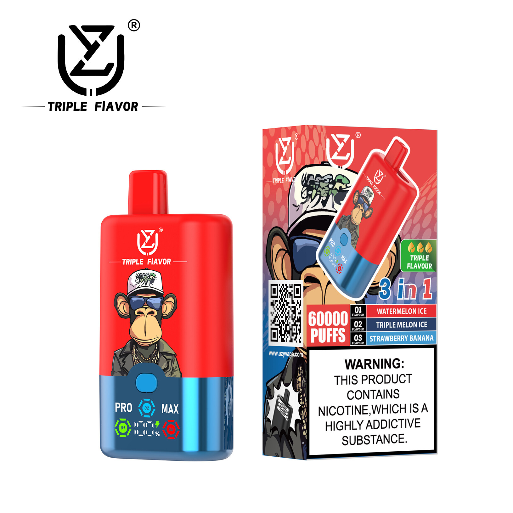 UZY TRIPLE FLAVOR 60000 60K Puffs Triple Flavor 0-5% Nicotine 54ml